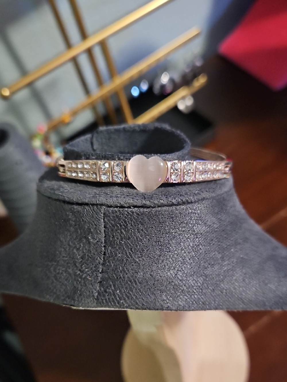 Rose Gold Heart Accent Crystal Bangle Bracelet - Women Jewelry